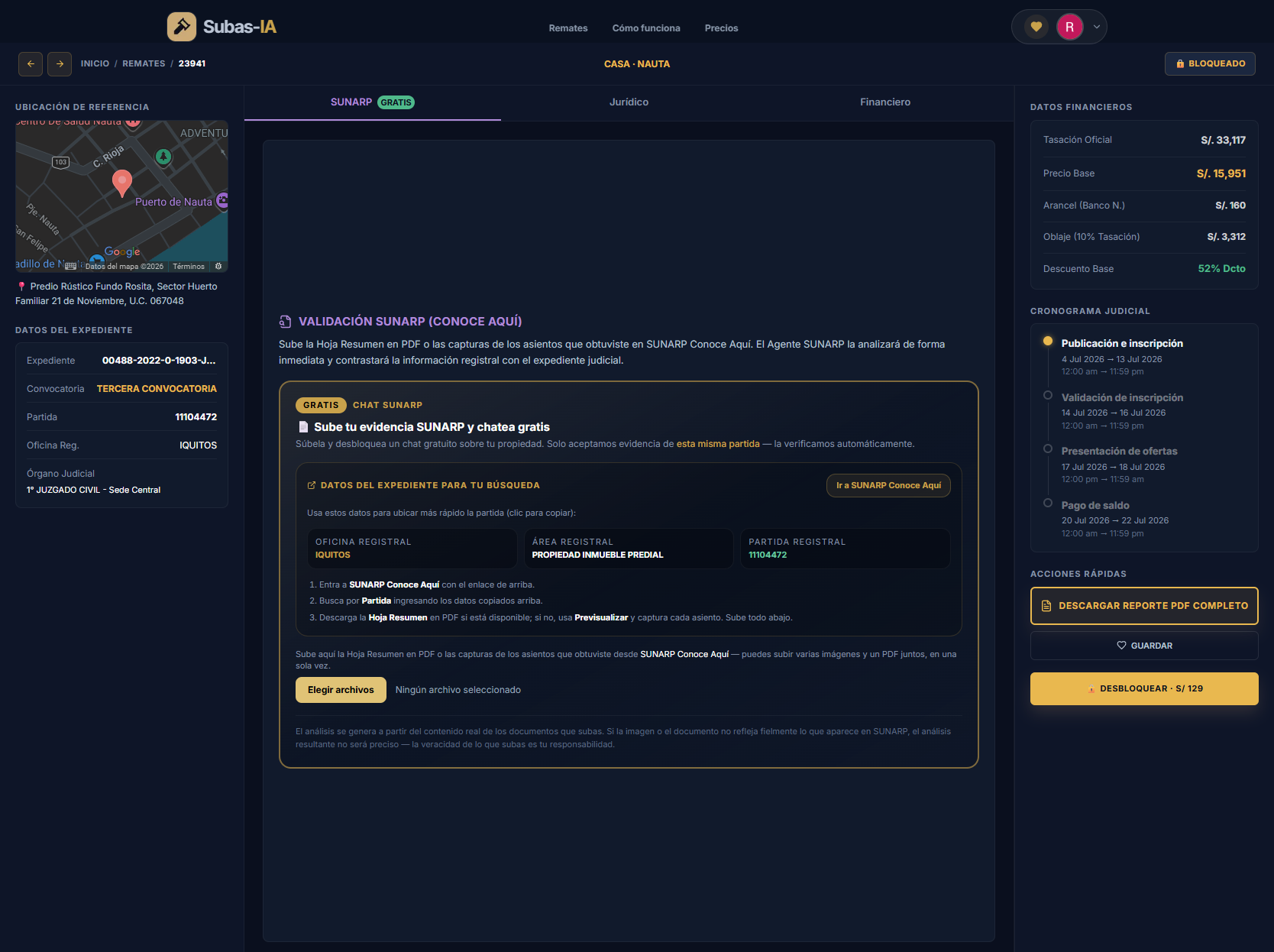 Paso 1: Obtén los datos del expediente y haz clic en "Ir a SUNARP Conoce Aquí" en nuestra ficha de remates (donde te brindamos los datos reales y link directo).